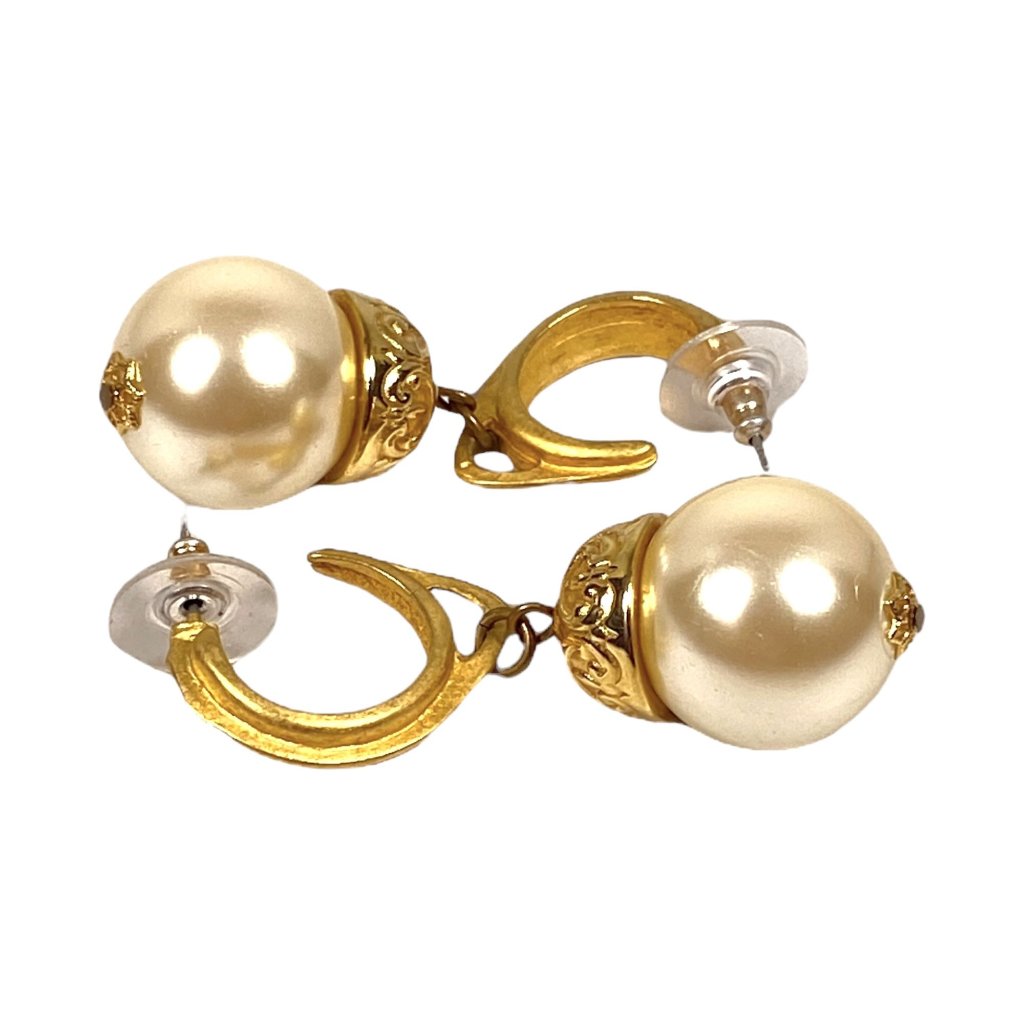 Vintage Earrings 2 Gold Plated Semi Hoop Faux Pearl Dangle 80s Couture Bridal 28$